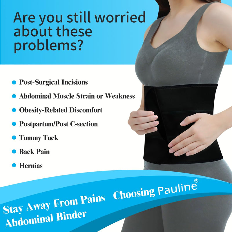 Abdominal Binder Post Surgery Compression Support | Stomach Wrap Belly Band for Hernia Tummy Tuck | Soft, Latex-free, Breathable - (45" - 60") 3 Panel - 9" Black L / 45"-60"