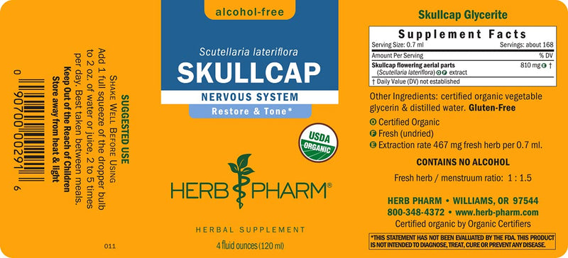 [Australia] - Herb Pharm Certified Organic Skullcap Liquid Extract for Nervous System Support, Alcohol Free Glycerite, 4 Ounce 