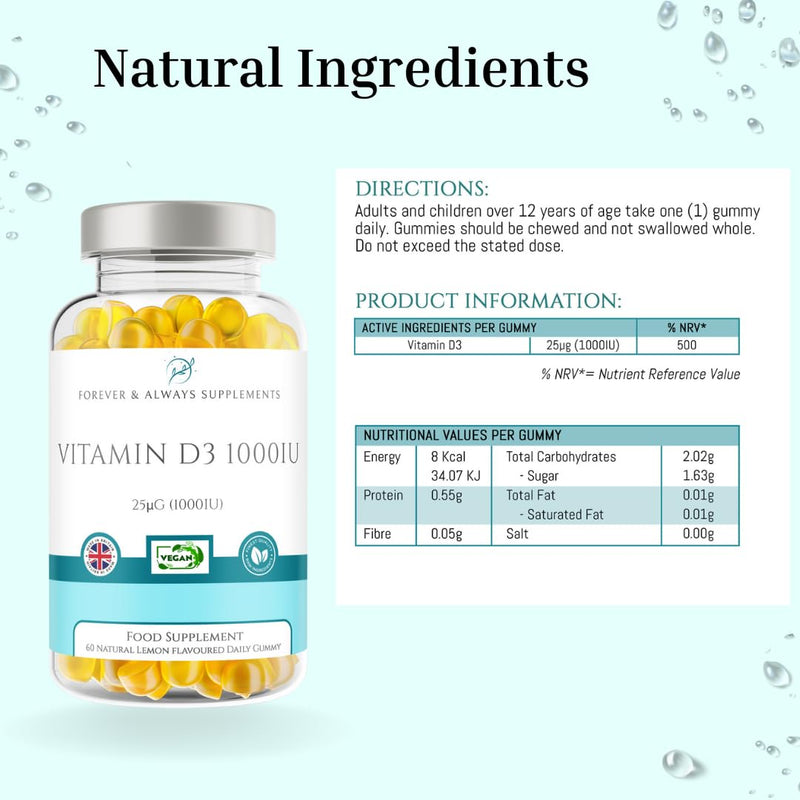 Vitamin D3 1000iu / 25μg Gummy - Adults & Children 12+ Years - 60 x High Strength Lemon Flavour Gummies - 2 Months Supply - Vitamin D Supplement Teeth, Bone, Muscles & Immune System Support