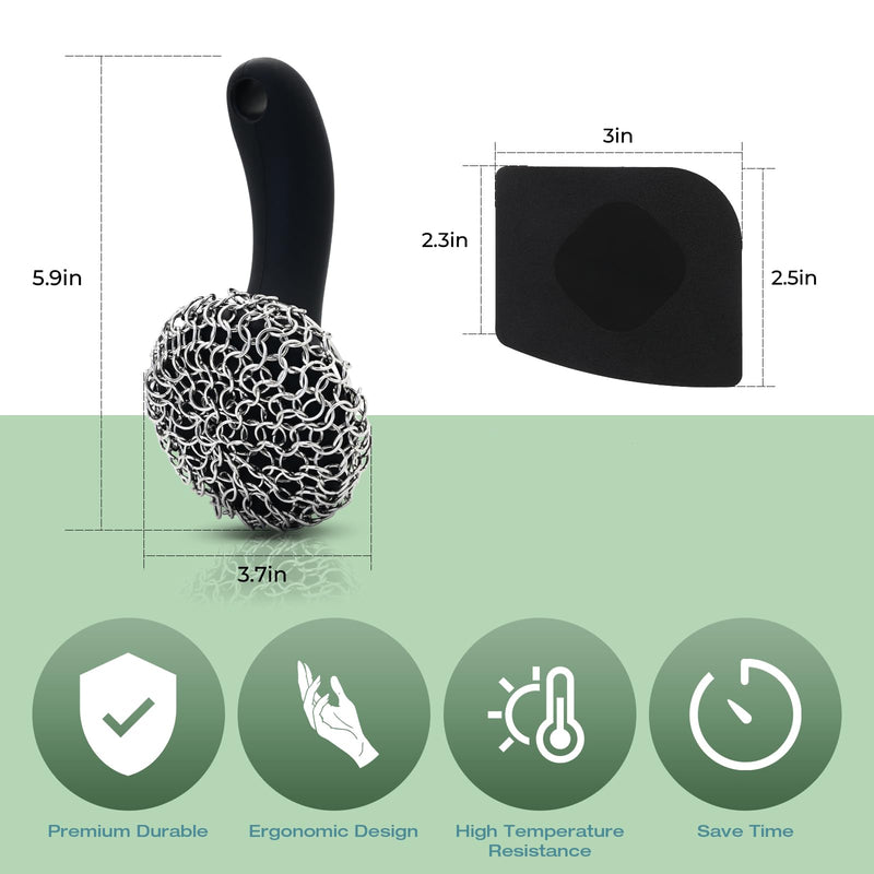 [Australia] - Cast Iron Scrubber with Long Handle | 316 Cast Iron Cleaner Chainmail Scrubber for Cast Iron Pan Skillet Cleaner - Dish Scouring Pad Dishwasher Safe Cleaning Kit (Black, 1 Scrubber + 1 Scraper) Black, 1 Scrubber + 1 Scraper 
