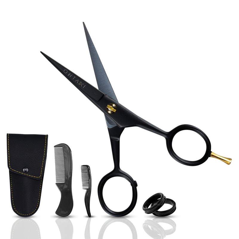 [Australia] - ONTAKI Professional German Steel Beard Scissors 5" Men's Mustache Scissors with Beard Comb and Carry Case Hand Forged Bevel Edge Precision Facial Hair - Black 