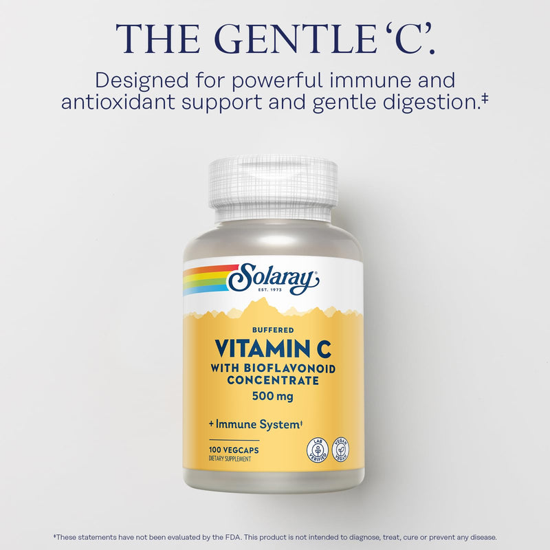 SOLARAY Buffered Vitamin C 500 mg, 100 VegCaps | Immune, Antioxidant & Collagen Support, Buffered for Digestion, With Bioflavonoids, 100 Servings, Vegan & Lab Verified 100 Count (Pack of 1)