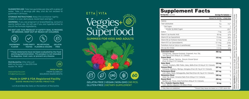 Fruits and Veggies Gummies with 9 Superfruits & 30 Veggies (120 Soft Chews) | Fruits and veggies supplement with vitamins & minerals, super greens gummies, non-GMO, pectin-based, gluten-free, USA