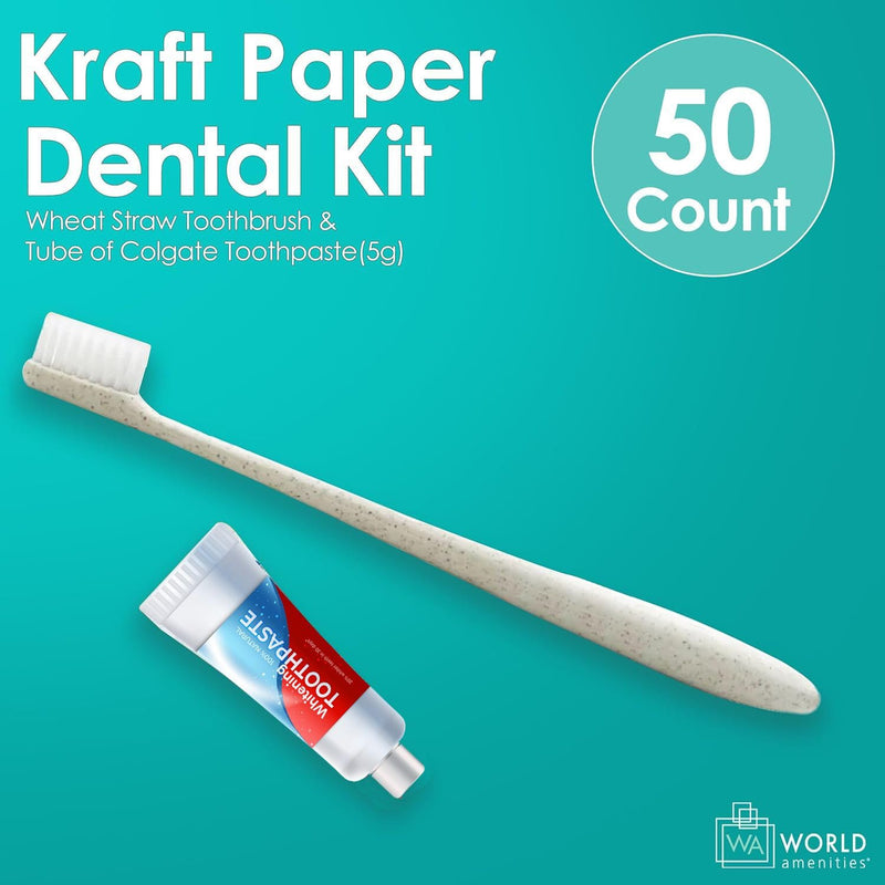 [Australia] - World Amenities Kraft Paper Dental Kit - Wheat Straw Toothbrush and Toothpaste Dental Care Kit (25) 25 