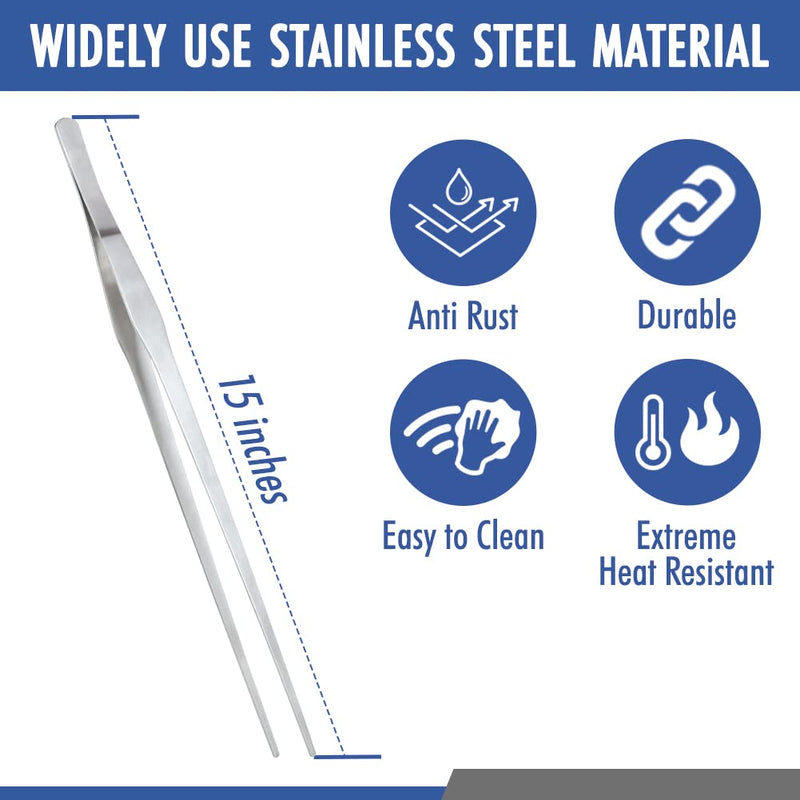 Comfecto 15 Inch Extra Long Tweezers Stainless Steel Straight Serrated Tip, Non Slip Reptile Feeding Tweezer Tongs Tool for Aquarium Aquascaping Cooking Straight Tip - 15"