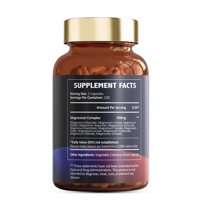 [Australia] - Magnesium Complex 700mg 12 in 1 Magnesium Supplement with Glycinate Citrate Malate Oxide Taurate Aspartate Orotate Magnesium Relaxation,Muscle,Heart Support, Vegan 120 Capsules 120 Count (Pack of 1) 