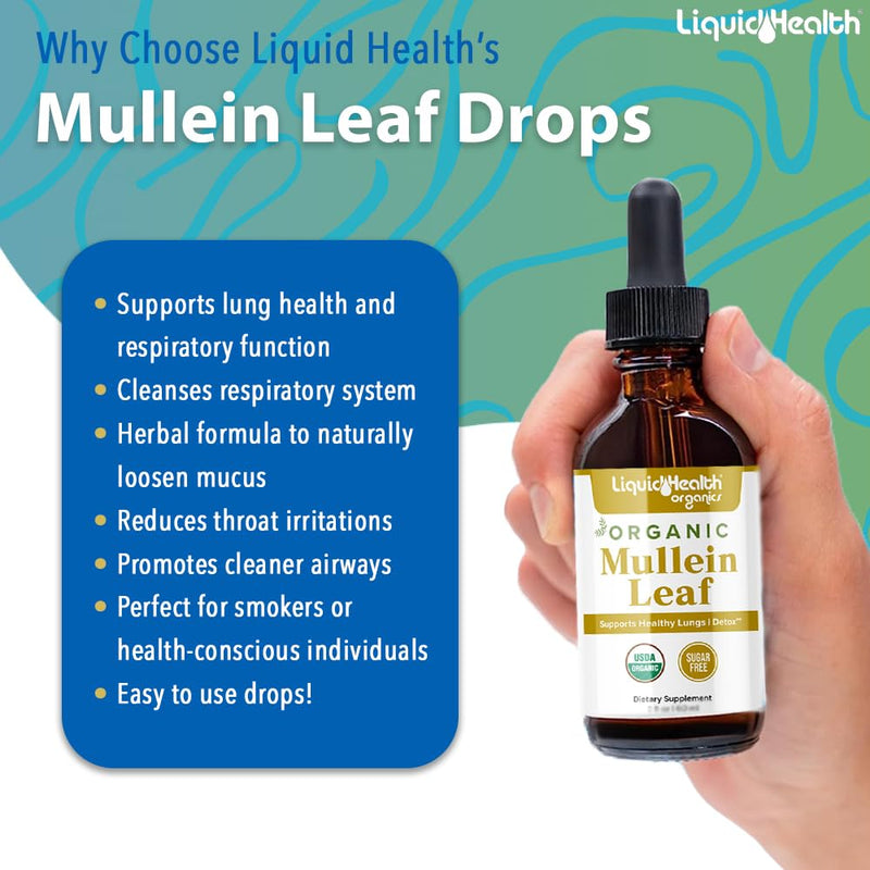 [Australia] - LIQUIDHEALTH USDA Organic Mullein Leaf Extract Drops for Lungs - Herbal Cleansing Drops for Smokers, Immune Support, Respiratory Health - 1000mg, 60-Day Supply, Sugar-Free, Made in USA (2 fl oz) 2 Fl Oz (Pack of 1) 