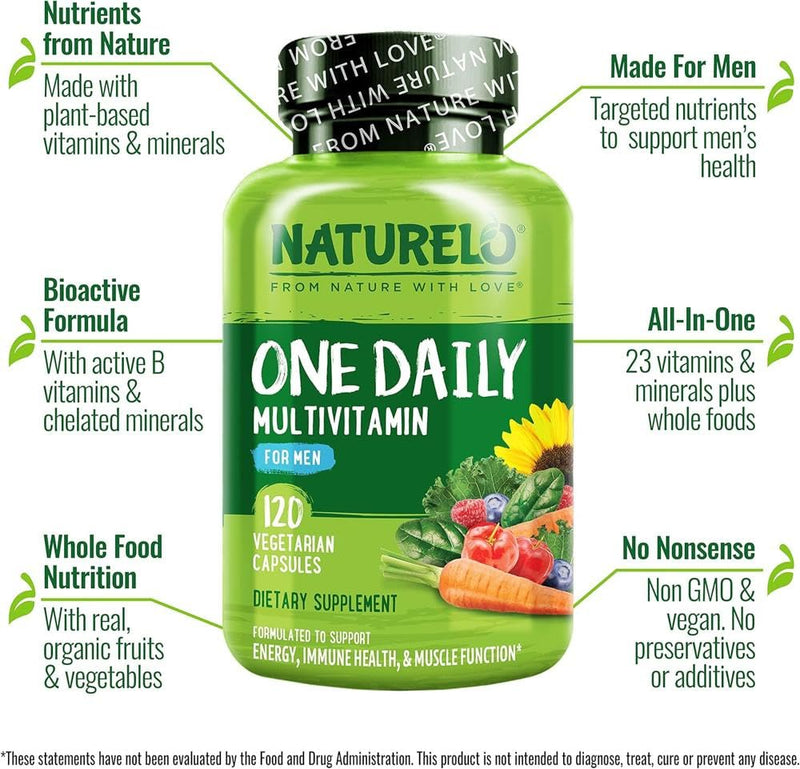 NATURELO Men’s Multivitamin Easy One a Day | 120 Vegan Capsules (4 Month Supply) | 29 Essential Vitamins, Minerals & Fruit & Veg Extracts, for Men’s Health, Energy and Performance 120 count (Pack of 1)