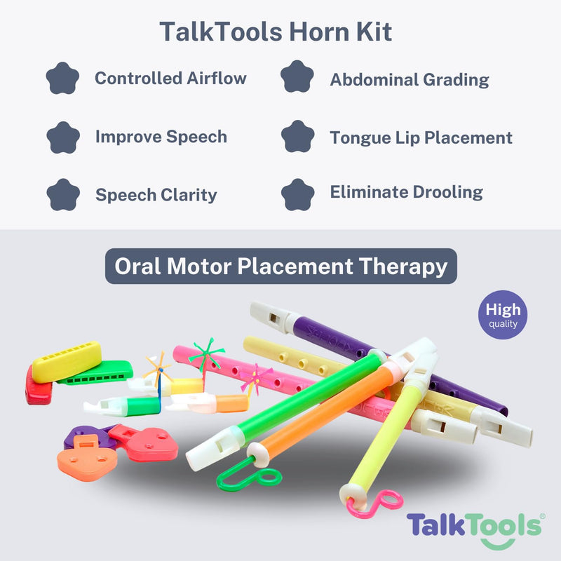 [Australia] - TalkTools Horn Kit | Oral Motor Placement Therapy | Improve Speech, Tongue Lip Placement | Reduce or Eliminate Drooling | Abdominal Grading | Controlled Oral Airflow, and Speech Clarity - 12 Tools 