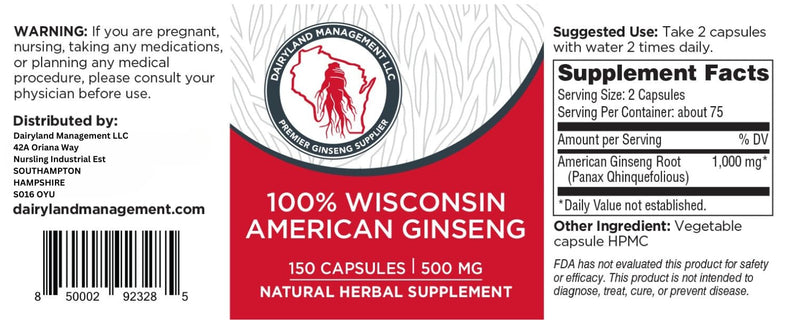 100% Authentic American Ginseng Capsules -500 mg. Potent Ground Ginseng Root - No Fillers, Binders or Other Additives. (150) 150 count (Pack of 1)