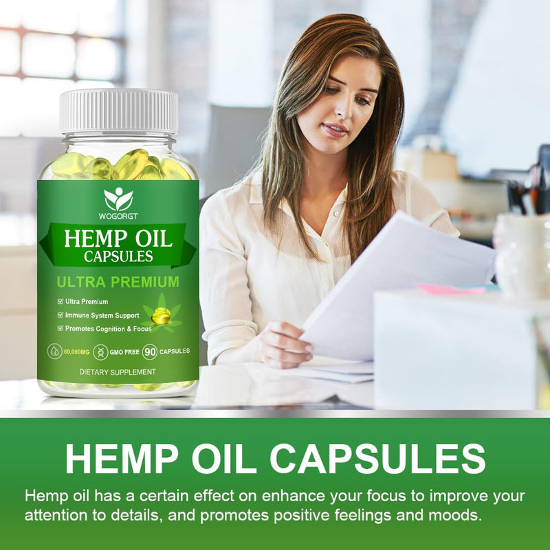 Hemp Oil Capsules, 60,000 Maximum Strength, Immune Support, 90Ct (2Pack) | WOGORGT - Pure Hemp Oil Capsules, Focus Calm, Relaxation, Mood, Rich in Omega 3, 6, 9 Fatty Acids
