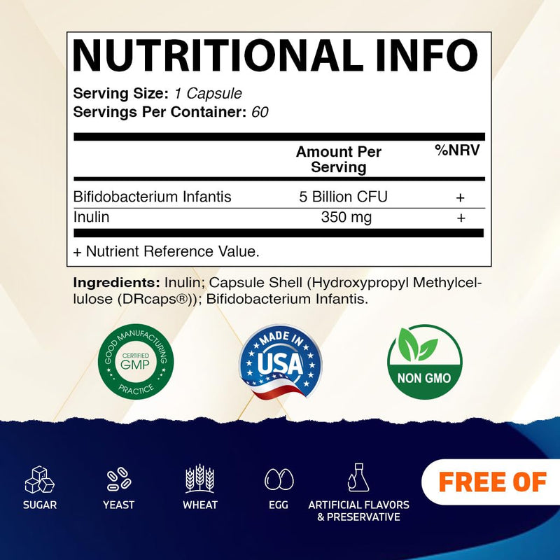 Vitamatic Bifidobacterium Infantis - 5 Billion per DR Capsule - 60 Count - Digestive Support - Made with Prebiotic Inulin Fiber