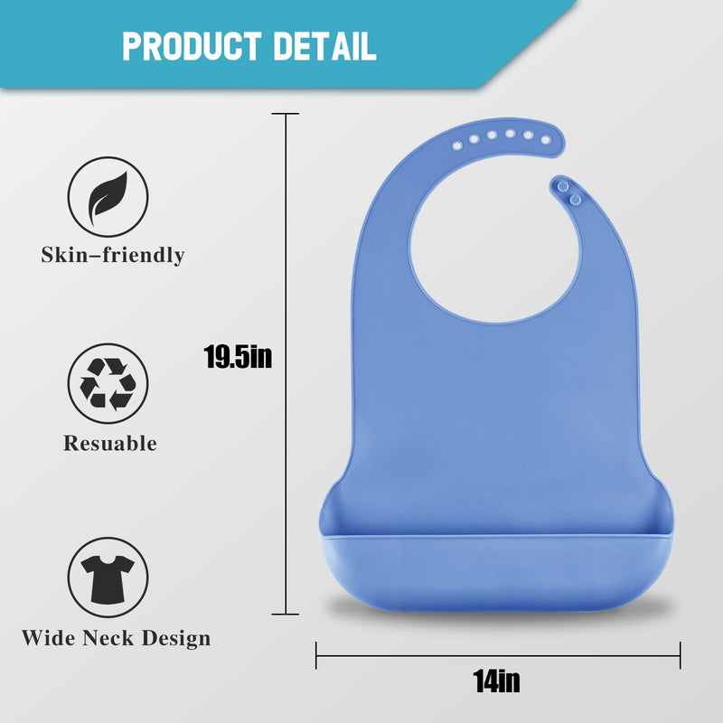 [Australia] - Adjustable Silicone Adult Bib, Washable Bib for Men & Women, Waterproof Bib for Elderly with Crumb Catcher Blue 