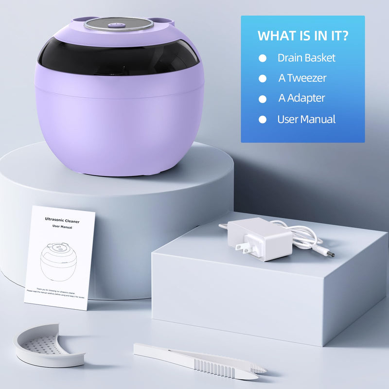 [Australia] - Ultrasonic Retainer Cleaner, Retainer Cleaner Machine for Dentures, Mouth Guards, Braces, Toothbrush Heads, Jewelry with 200ML Capacity, 45kHz Retainer Cleaning, 4 Modes for Appliances, Purple 