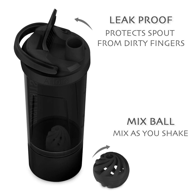 [Australia] - Artoid Mode Motivational Sports Mixer 720ml Shaker for Egg White/Protein, with Strainer Spiral Ball 200ml Storage Box & Handle, Drinking Bottle for Gym Fitness Powder Nutritional Supplements BPA Free Black/Grey 