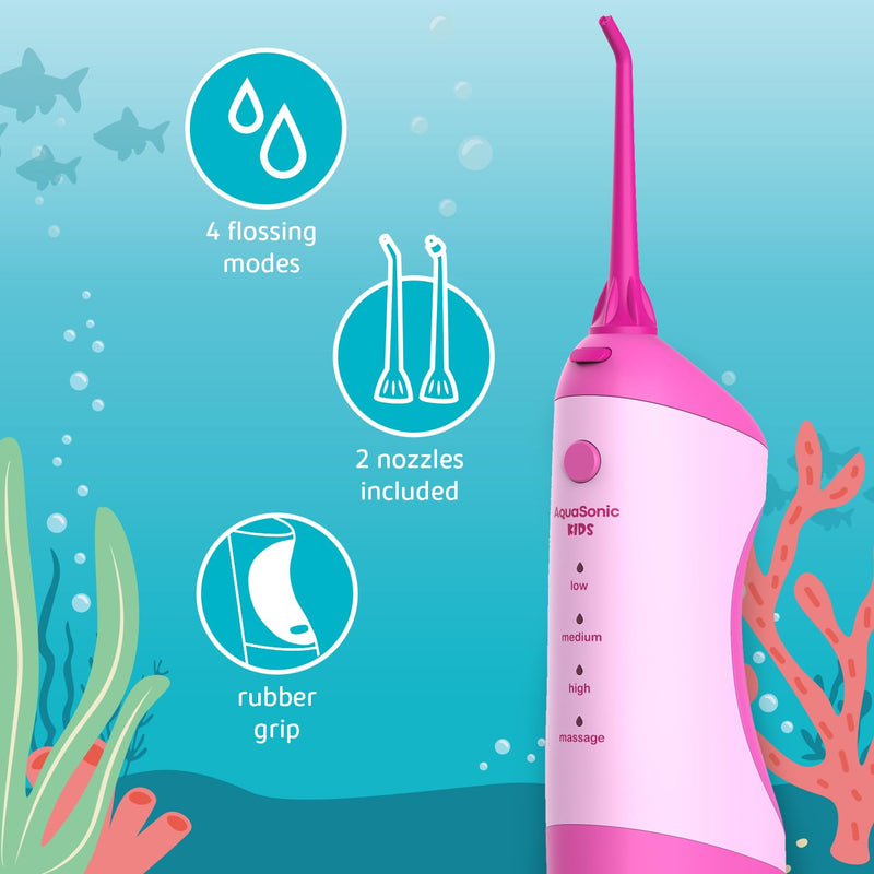 AquaSonic Kids' Water Flosser for Ages 6+ | Standard Nozzle, Orthodontic Nozzle & Waterproof Stickers | 4 Flossing Modes | Aquarium Adventures Theme (Pink) Pink