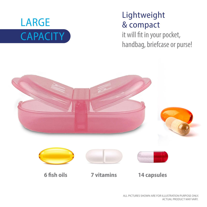 Deke Home - Pill Organizer AM PM, 2 Compartment Pill Box for Pocket or Purse, Small Daily Medicine Case, Travel Pill Holder, Easy Open Pill Container for Seniors, Vitamins & Supplements (Pink) Pink