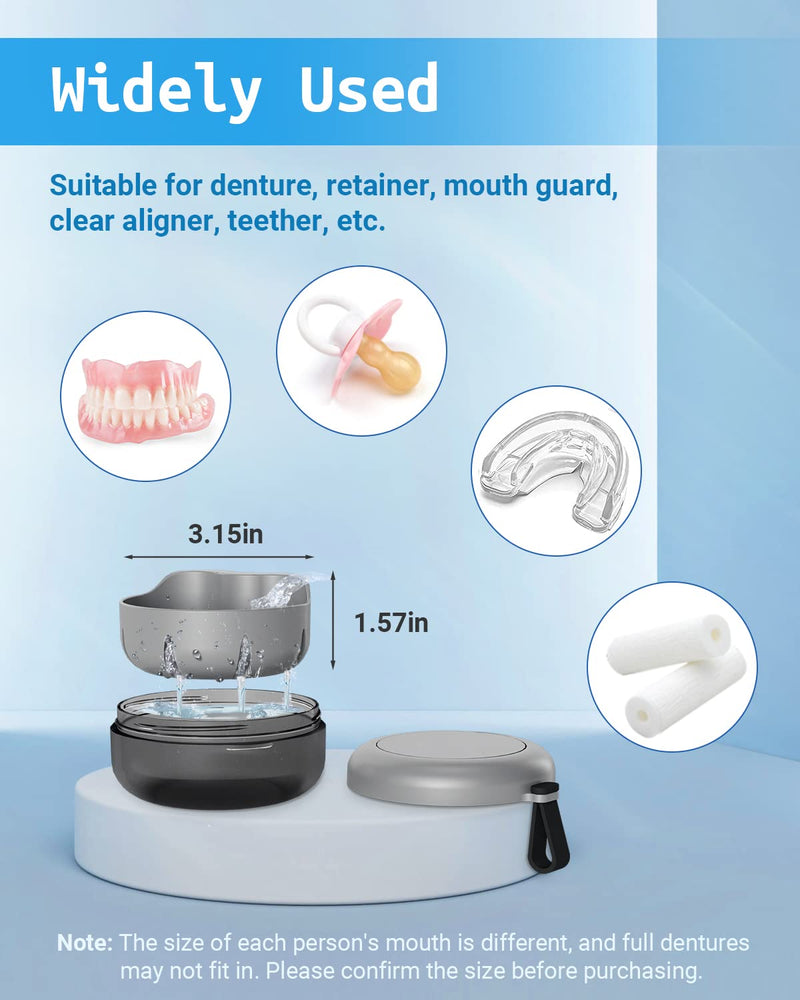 [Australia] - Denture Bath Case, Denture Cup, Leak Proof Portable Retainer Case, Denture Cleaning Kit with Cleaner Brush, Denture Box with Strainer & Mirror, Denture Case for Aligner Retainer Mouth Guard (Gray) Elegant Gray 