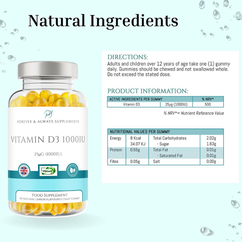 Vitamin D3 1000iu / 25μg - 12+ Years 150 x High Strength Lemon Flavour Gummies - 5 Months Supply - Vitamin D Supplement Teeth, Bone, Muscles & Immune System Support