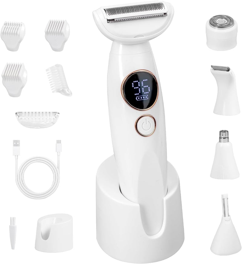 Bikini Trimmer for Women, Electric Razors for Silk Skin 5-in-1, IPX7 Waterproof, USB Rechargeable, Electric Razors for Women for Face, Eyebrows, Body, Bikini Zone with Charging Station
