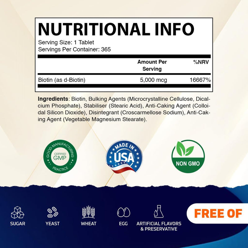 Vitamatic Biotin 5000mcg (5 mg) for Stronger Hair, Skin & Nails - 365 Vegan Tablets- Also Called Vitamin B7