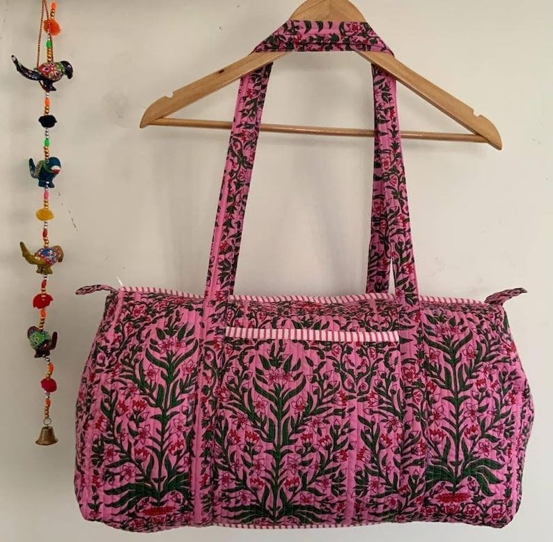 Yille Handmade Cotton Block Print Duffle Travel Bag Gym Yoga Bag,Quilted Bag Everyday use Gift for Someone Special Occasionally (Pink Temple) Pink Temple