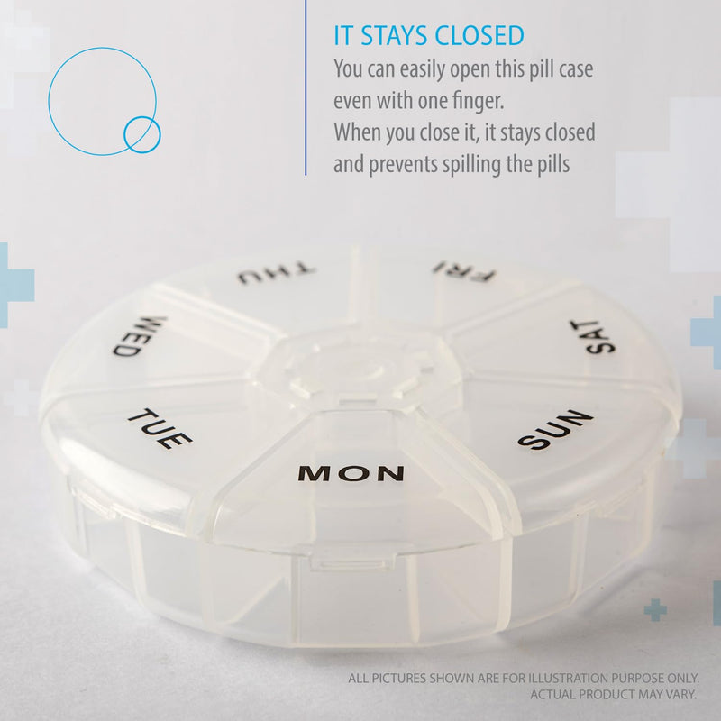 Deke Home - Round Portable Pill Box, Medicine Planner, Small 7 Day Weekly Travel Container, Medication, Vitamin Holder, Pillbox Organizer, Pill Dispenser, Daily Sorter & Reminder, BPA Free Clear 1 Count (Pack of 1)