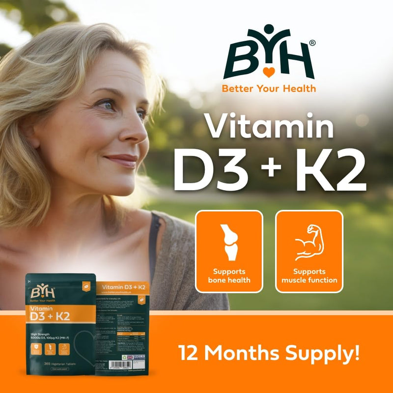 Vitamin D3 4000 IU + Vitamin K2 MK7 100μg High Strength Bone Health Immune Support Small Easy Swallow Tablets 365 Tablets Vegetarian 1 Year Supply UK Made Letterbox Friendly