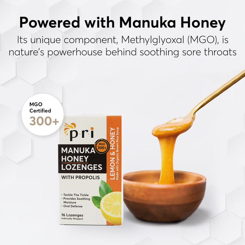 [Australia] - P.R.I Manuka Honey Lozenges with Propolis, Soothing Cough and Throat Drops, MGO 300+ Certified, (Lemon, 16 Count/2 Pack) Lemon 2-Pack 