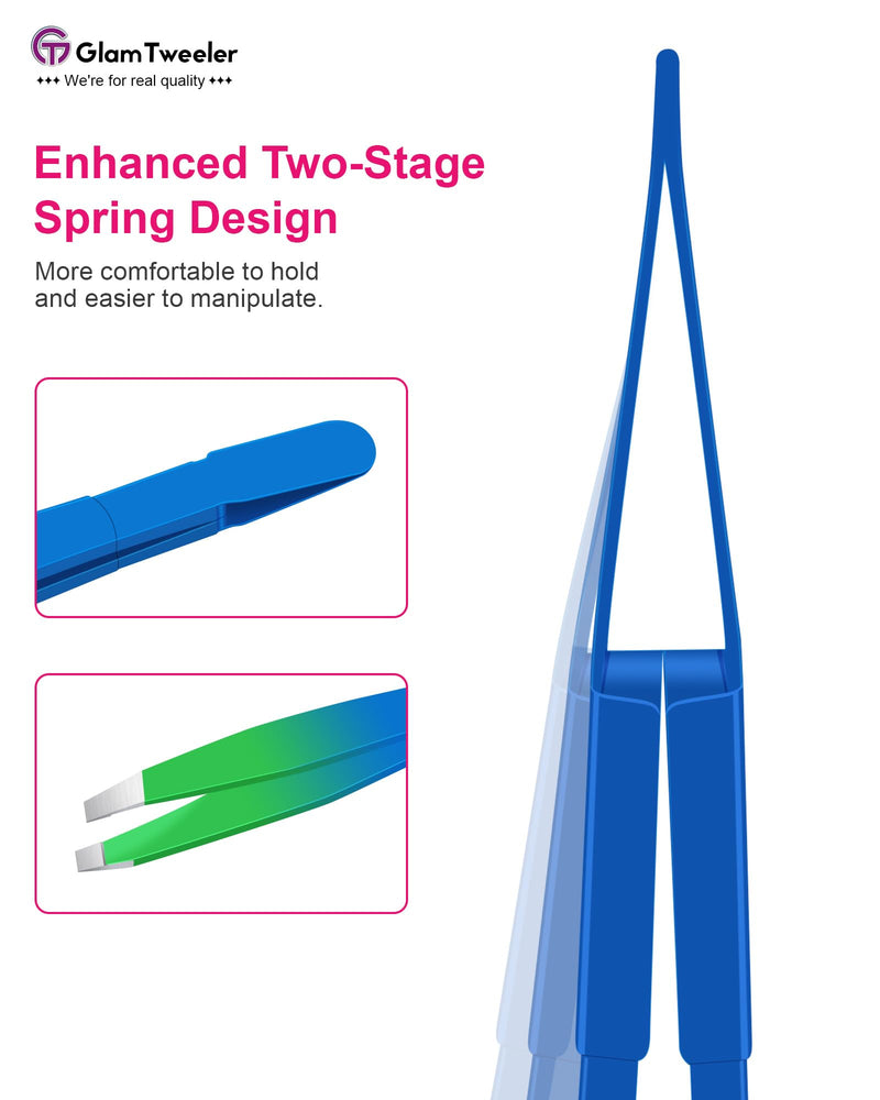 Exclusive G-01 Slant Tip Tweezers, GlamTweeler High Precison Expert Eyebrow and Facial Hair Removal Tweezer with Leather Storage & Carrying Case (Princess Blue & Green) Princess Blue & Green