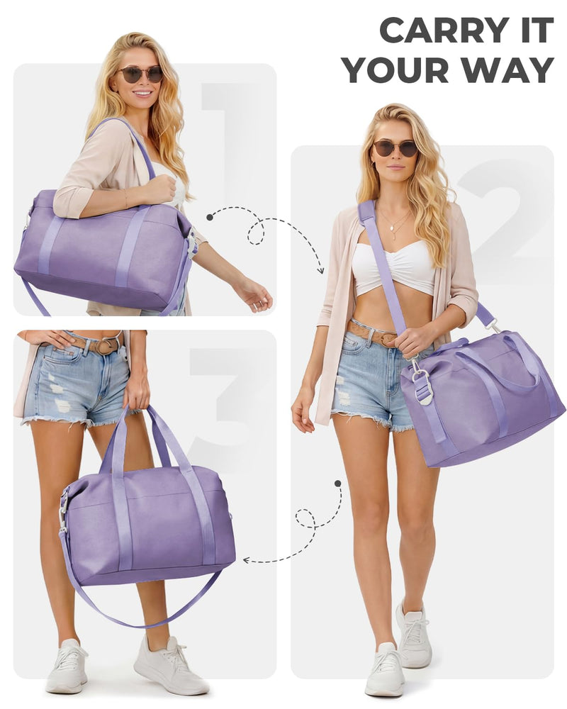 Percover Weekender Travel Duffel Bag for Women, Lightweight Soft-Structure 33L Carry-On, Water-Resistant Nylon with Shoulder Strap & Trolley Sleeve, Personal Item Friendly, Lavender Purple