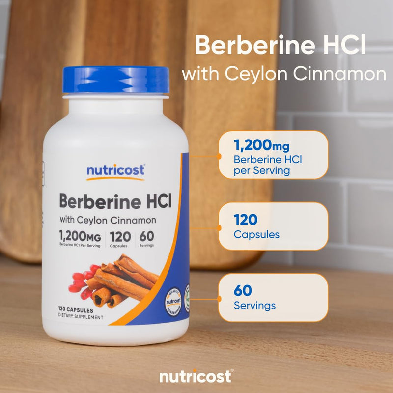 [Australia] - Nutricost Berberine HCl with Ceylon Cinnamon Capsules (120 Capsules, 60 Servings) - Non-GMO, Animal-Free Product 