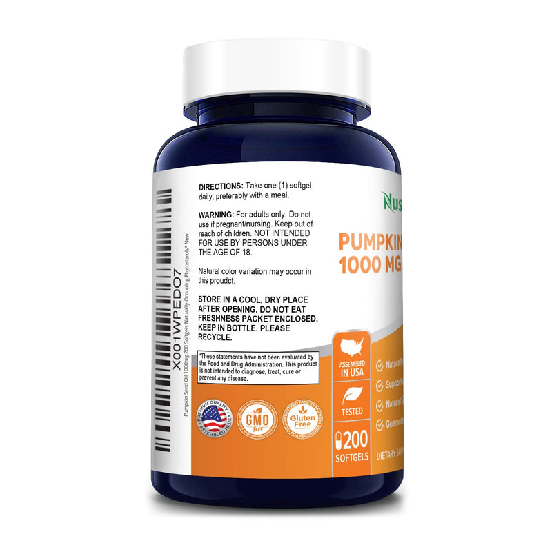 [Australia] - NusaPure Pumpkin Seed Oil 1000mg 200 Softgel Capsules (Non-GMO, Gluten Free) Naturally Occurring Phytosterols 