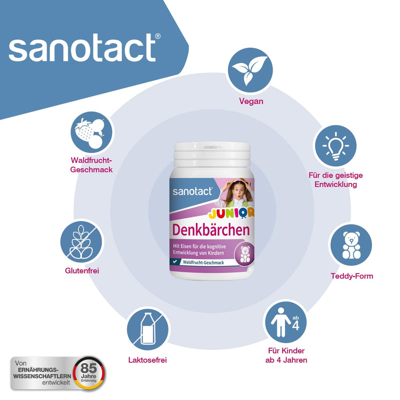 [Australia] - sanotact Denkbärchen Junior (60 lozenges) • With iron, folic acid & iodine • Iron tablets for cognitive development in children • Vitamins for children • Forest fruit flavor 60 pieces 