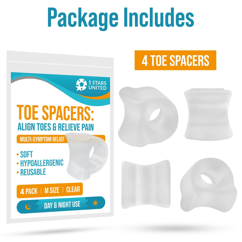 [Australia] - 5 STARS UNITED Toe Spacers for Men and Women – 4 Gel Toe Separators for Curled and Overlapping Toes, Bunions, Hammer Toe Straightener, Big and Second Toe Spreader - Clear Big 4 Pack Clear 