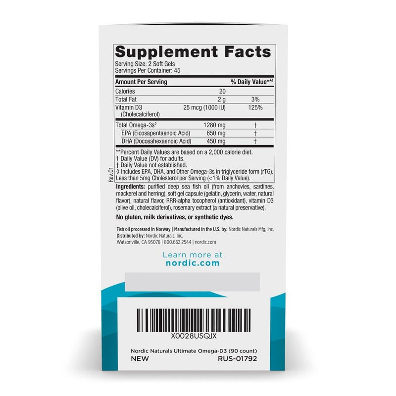 [Australia] - Nordic Naturals Ultimate Omega-D3, Lemon Flavor - 90 Soft Gels - 1280 mg Omega-3 + 1000 IU Vitamin D3 - EPA & DHA - Promotes Brain, Heart, & Immune Health - 45 Servings 90 Count (Pack of 1) 