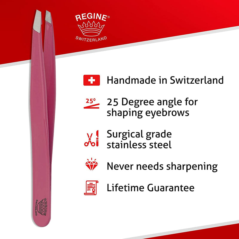 [Australia] - Slant Tweezer - Handmade in Switzerland - Professional Eyebrow & Facial Hair Remover - Etched Interior Grabs Hair from The Root - Perfectly Aligned Tips - Stainless Steel, Pink 