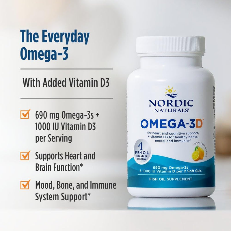 Nordic Naturals Omega-3 + Vitamin D3, EPA & DHA, Lemon - 120 Count | 690 mg omega-3 fish oil, 1000 IU vitamin D3 per serving supports immune function, brain health, heart health, and bone health 120 Count (Pack of 1)