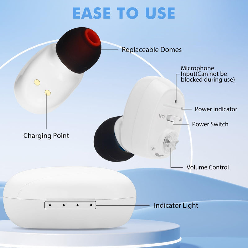 Hearing Amplifier for Seniors, Rechargeable Sound Amplifier with Noise Cancelling, Portable Charging Case, Invisible Design, Voice Enhancer Devices for Adults to Clear Sound of Elderly white