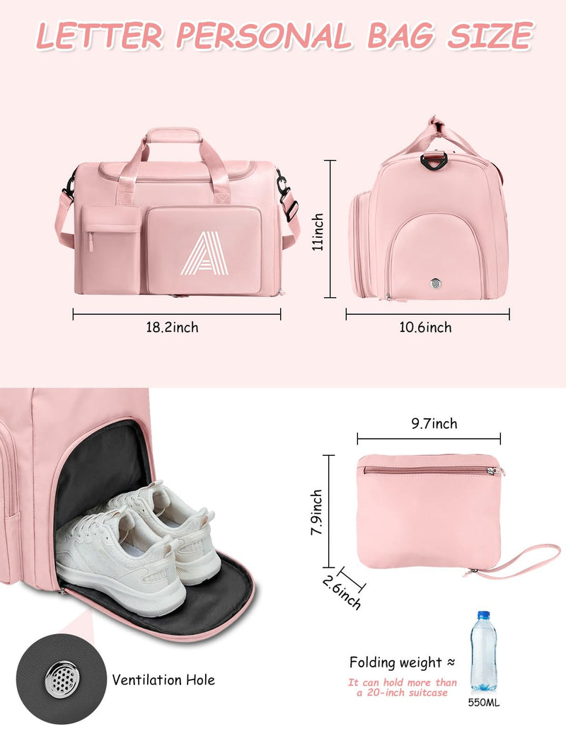 Gifts for Girls Women, Initial kids Duffle bag with Shoe Compartment, Personalized Duffle Bags for Girls Gym Bag, Birthday Gifts for Kids Women Daughter Sister Friend Wife, Pink N