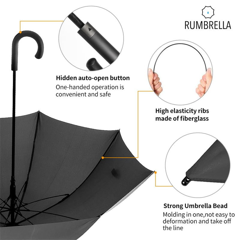 RUMBRELLA Black Umbrella with Hook Handle Stick Umbrella Auto Open 54IN | UPF 50+ Windproof Umbrella for Adults Fits 2 People, J Hook Handle, Fast-Drying