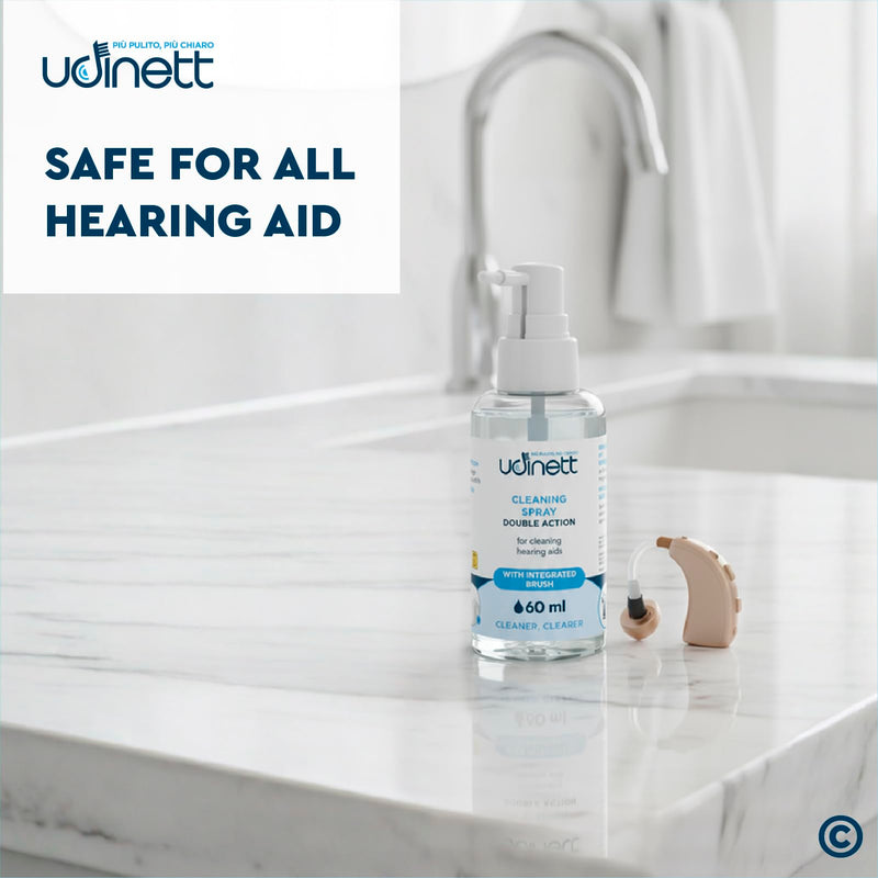 Hearing Aid Cleaning Spray 60ml with Included Brush - Udinett Sanitizer for Cleaning Earphones Bluetooth Headphones - Eliminates Earwax and Dirt with Immediate Effect Alcohol-Free Formula