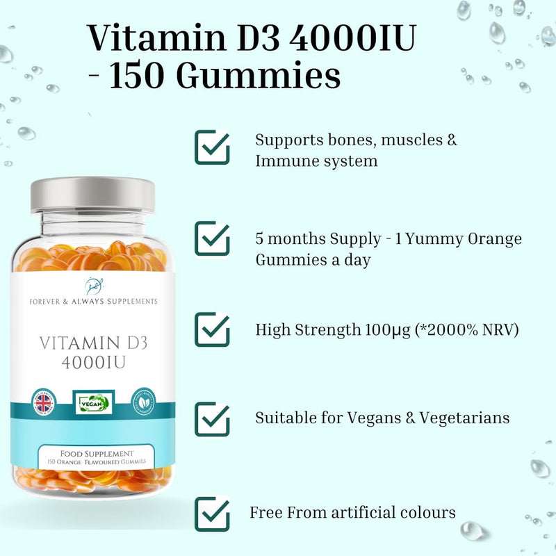 Vitamin D3 4000iu - High Strength 100μg - 5 Months Supply Orange Flavour Gummies - Vitamin D Supplement Teeth, Bone, Muscles & Immune System Support