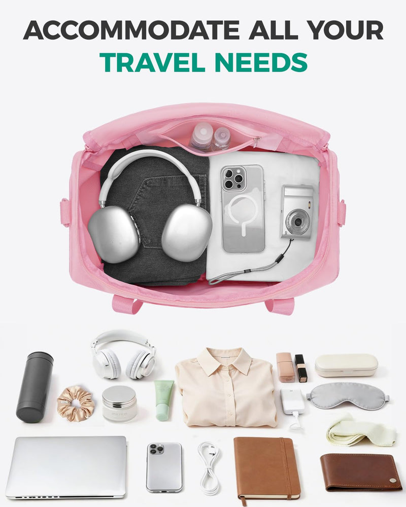 WANDF Personal Item Travel Bag 18x14x8, Carry On Duffle Bag for Women | Frontier Underseat Fit, Weekend Overnight Trips, Wet Pockets, Lightweight Flight Essentials A-Pink