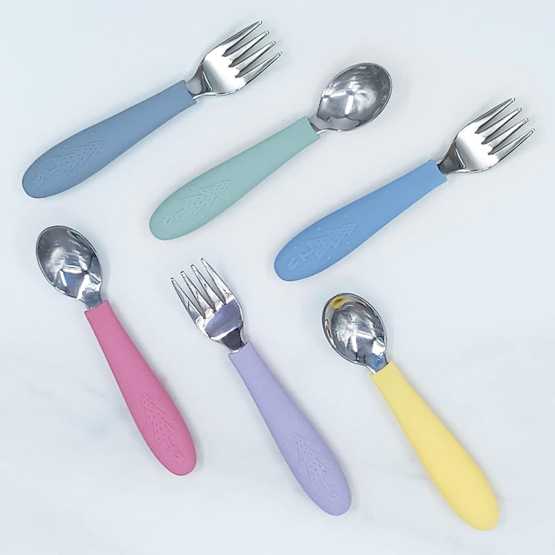 [Australia] - Elk and Friends Kids Silverware with Silicone Handle | Childrens Safe Flatware | Toddler Utensils | Baby Spoons + Forks | Stainless Steel Cutlery Sage/MistyBlue/Gray 