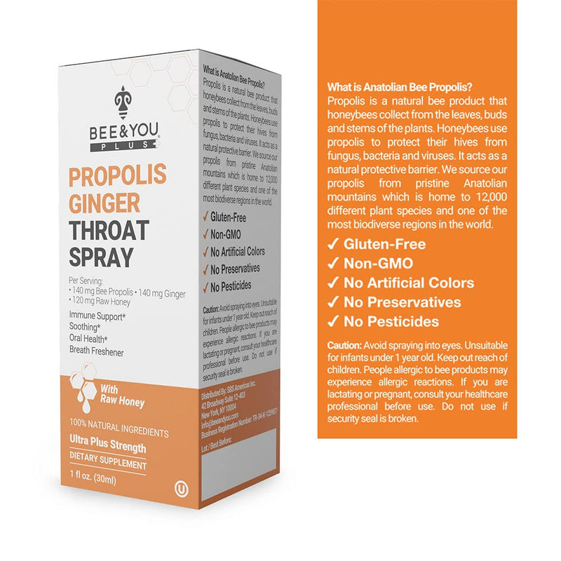 [Australia] - Bee and You Propolis Ginger Raw Honey Soothing Throat Spray, Ultra Pure, Immune Support Supplement, Oral Health, Antioxidants, Keto, Paleo, Gluten-Free, 1 Fl Oz 1 Fl Oz (Pack of 1) Ginger & Raw Honey 