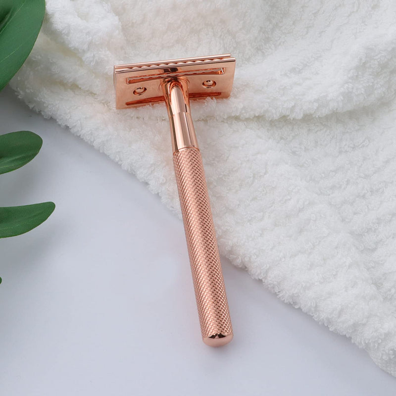 KINGHOOD Safety Razors for Sensitive Skin,Single Blade Razor with 10 Double Edge Blades,Reusable Metal Razor for a Smooth and Clean Shave(Rose Gold) Rose gold b