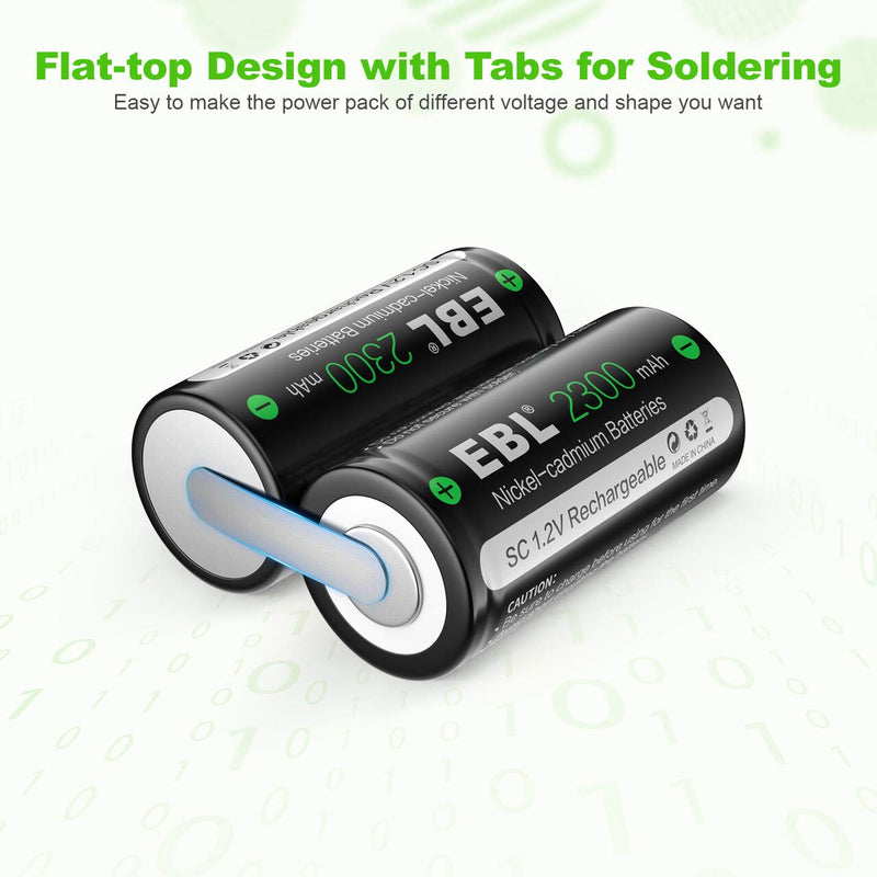 EBL 2300mAh Sub C NiCd Rechargeable Batteries for Power Tools 1.2V Flat Top Sub-C Cell Batteries with Tabs, 4 Packs