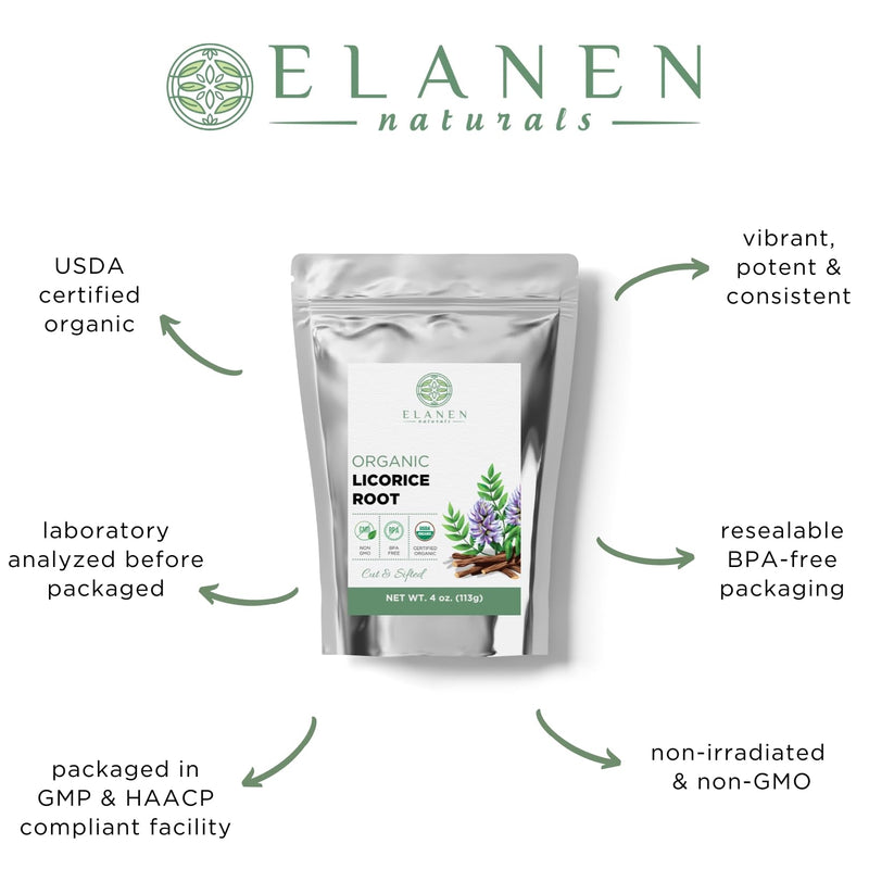 [Australia] - Organic Licorice Root 4 oz. (113g), USDA Certified Organic Licorice Root Tea, Licourice Root, Bulk Licorice Root Chopped, Liquorice, Raiz de Regaliz Licrice Root, Glycyrrhiza glabra, Cut & Sifted 4 Ounce 