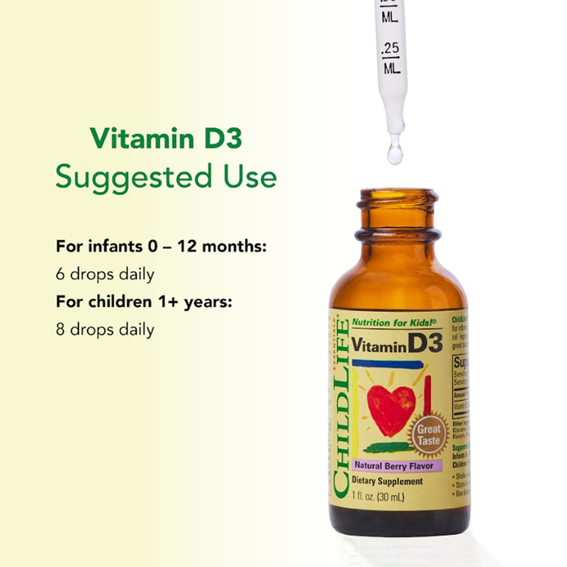 CHILDLIFE ESSENTIALS Baby Vitamin D3 Drops, Berry, 1 Fl Oz (Pack of 1) | Infants, Children, Toddlers, Vitamin D Drops, 500 IU per Serving, Immune & Bone Health Support, Natural Berry Flavor 1 Fl Oz (Pack of 1)